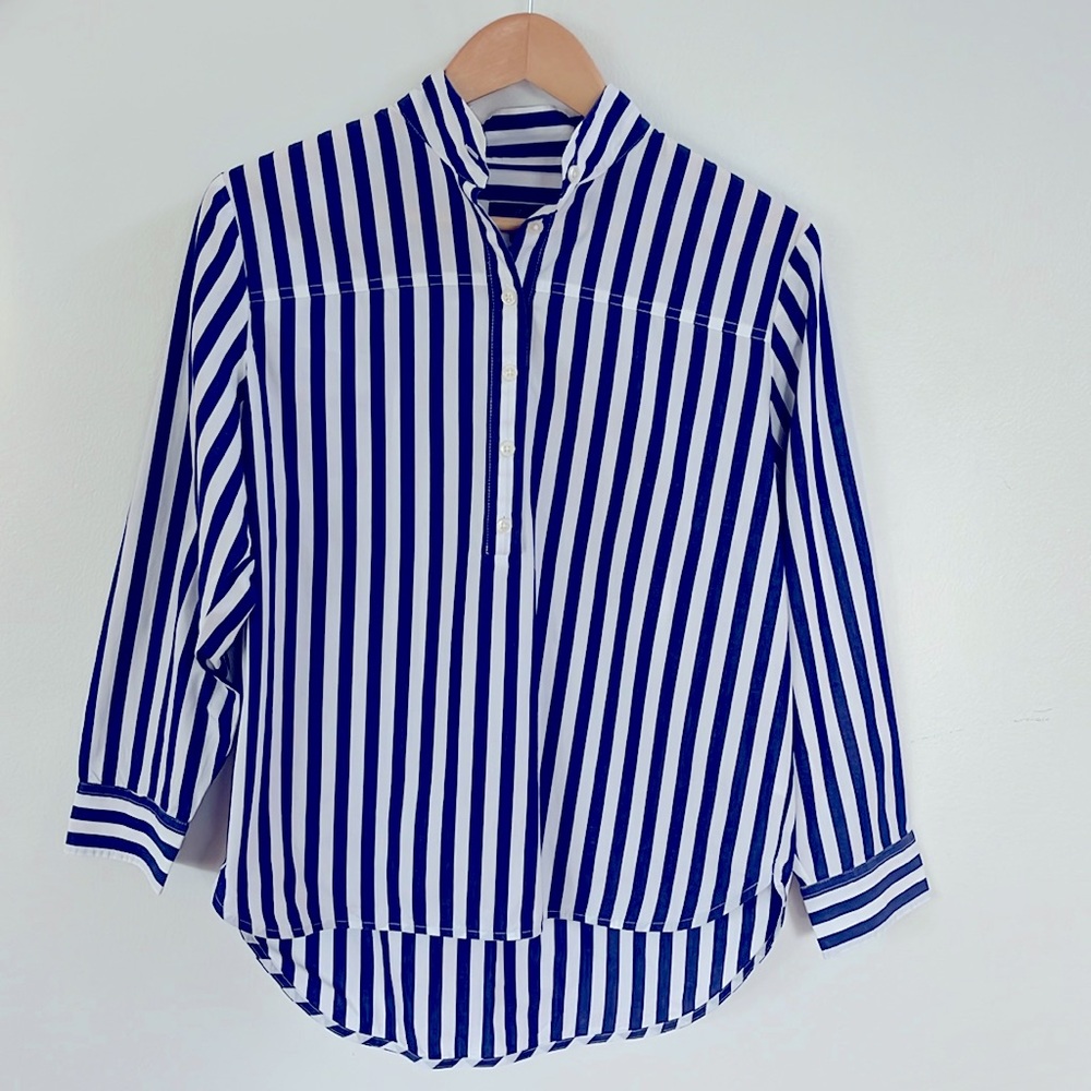 J Crew Band Collar Popover Tunic Bold Royal Blue White Striped Button Down Shirt